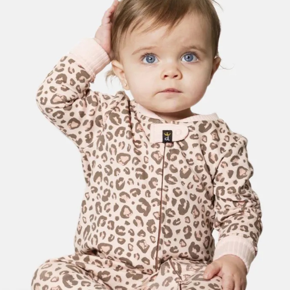 Deux Par Deux Leopard baby Onesie with matching turban